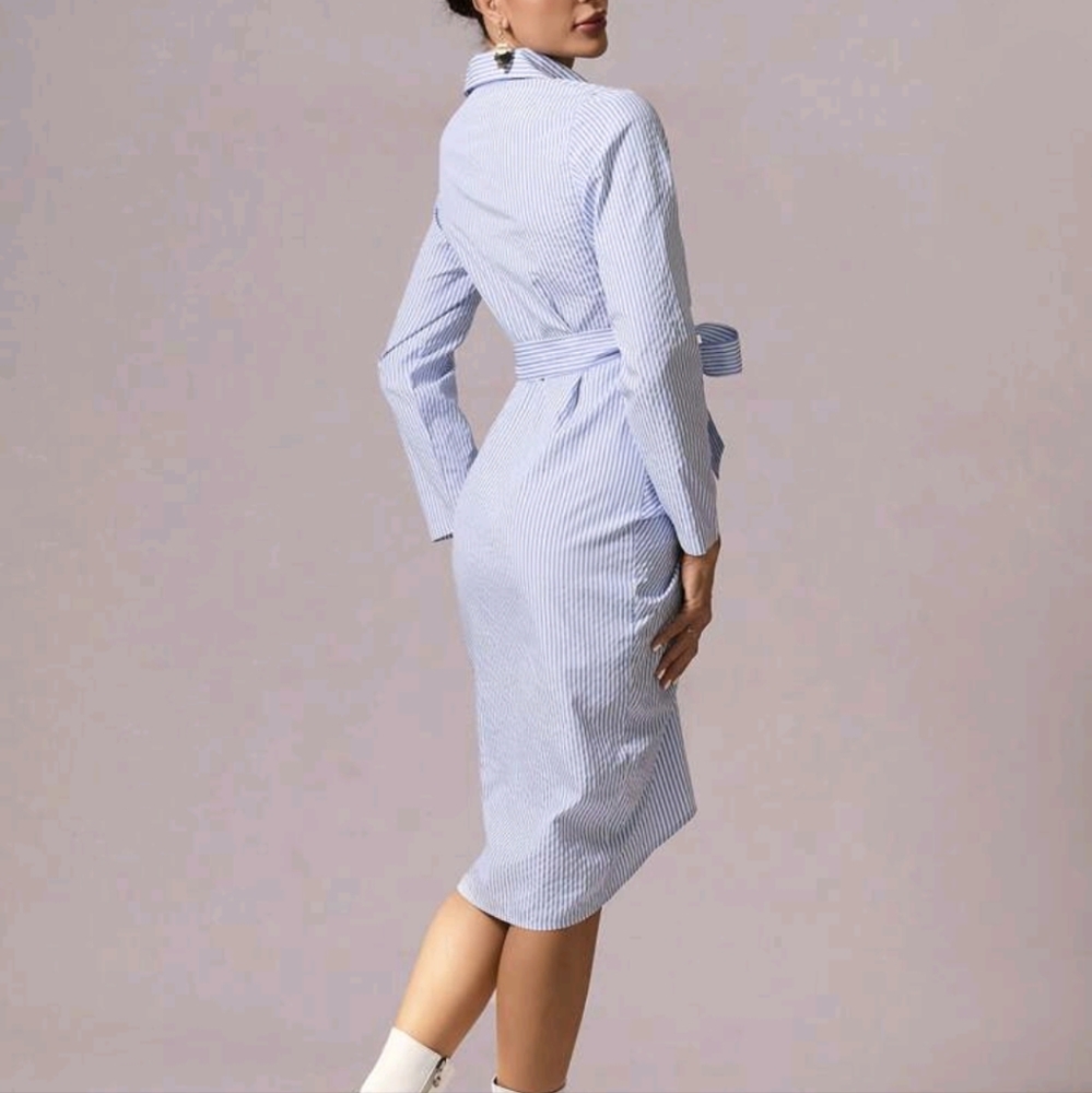 Striped Belted Ruched Front Shirt Dress, size L,SHIEN